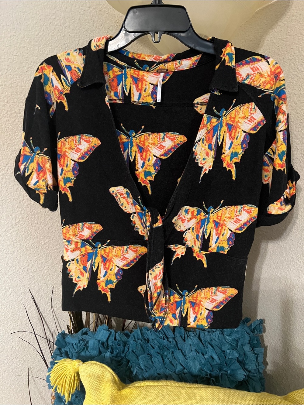 Free People Black Top with Multicolor Butterfly Print